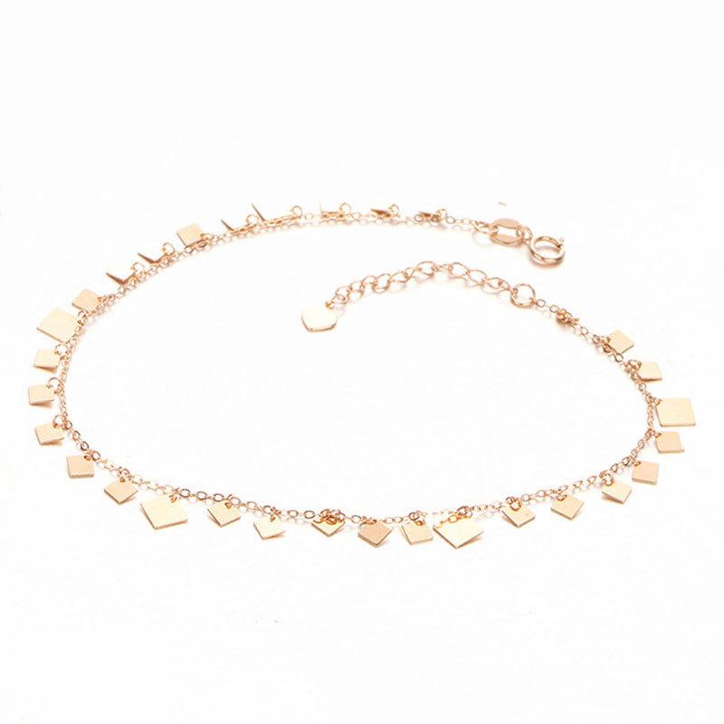 Фиолетовый Золотой Блестящий Квадратный Пайеточный Браслет на Лодыжку Женский Позолоченный Розовым Золотом Блестящий Браслет на Лодыжку Украшение (21+3cm adjustment chain)