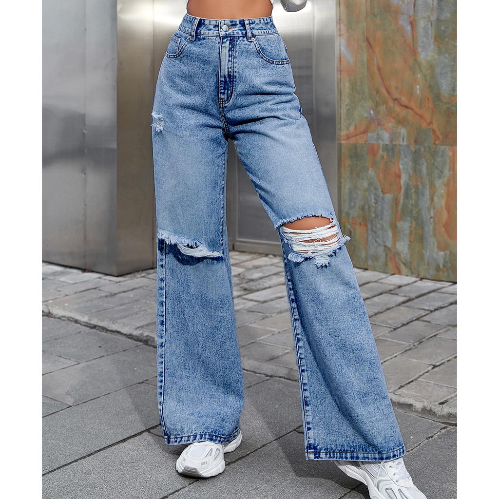 Women's Fashion Ripped High Waist Wide Leg Casual Jeans Classic Women's Casual Denim Pants, Relaxed Wide-leg Silhouette with Durable Fabric,