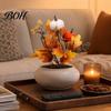 Seasonal Fabric Flower Bouquet Artificial Fall with Pumpkins Maple Leaves Wheat Berries, Faux Autumn Home Decor for Thanksgiving Centerpieces, Floral