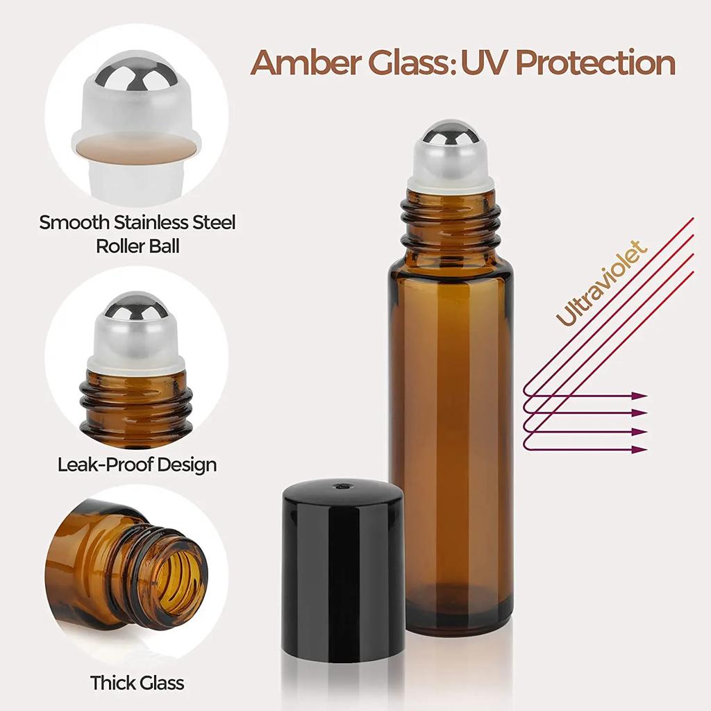 5-50pcs 1ml 2ml 3ml 5ml 10ml Glass Roll On Bottles For Essential Oils Amber Refillable Glass Roller Metal Oil Vials Mini Bottle