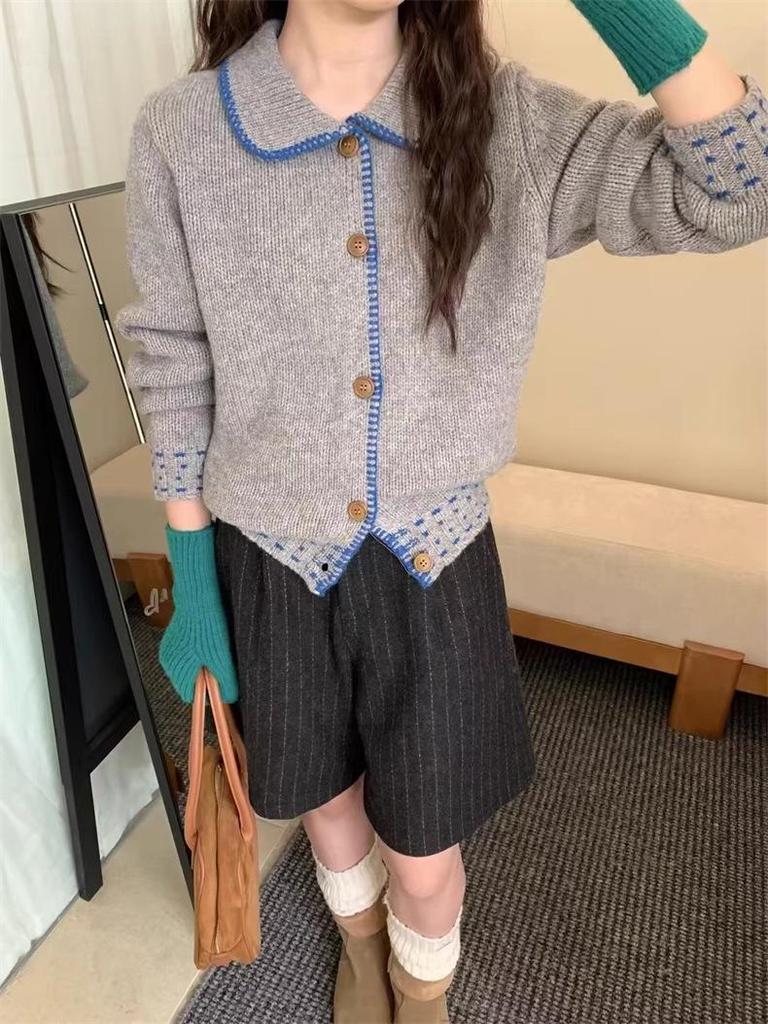 Women's Korean Sweet Style Color Block Cardigan - Turn-Down Collar, Slimming, Single-Breasted Knitted Sweater for Spring/Autumn