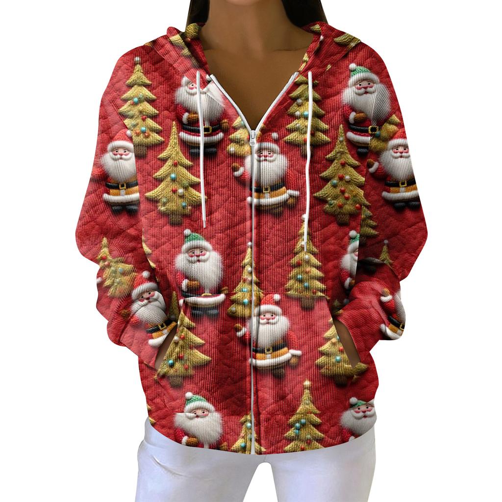 Women's Casual Fashion Long-Sleeved Zip-Up Christmas Print Knitted Hoodie