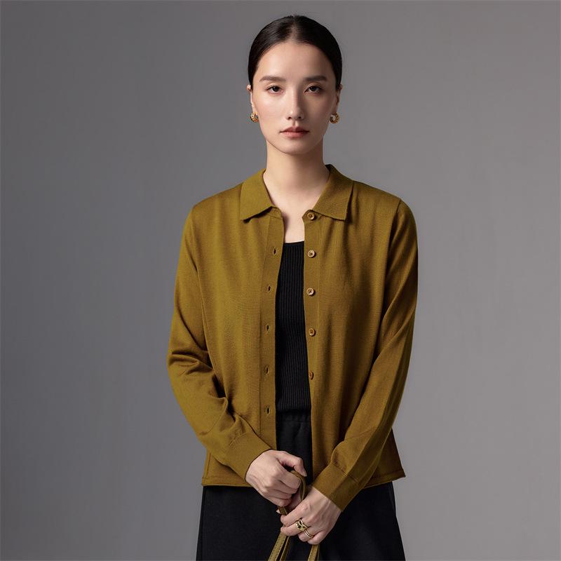 Women's High-End 48s Yangzi Fine Wool Cardigan, Solid Color, POLO Lapel Knit Jacket, Casual Spring/Autumn Style.