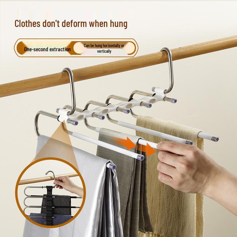 Versatile Multi-Layer Folding Clothes & Pants Rack, Use Horizontally/Vertically with Seamless Clips for Wardrobe & Scarves.