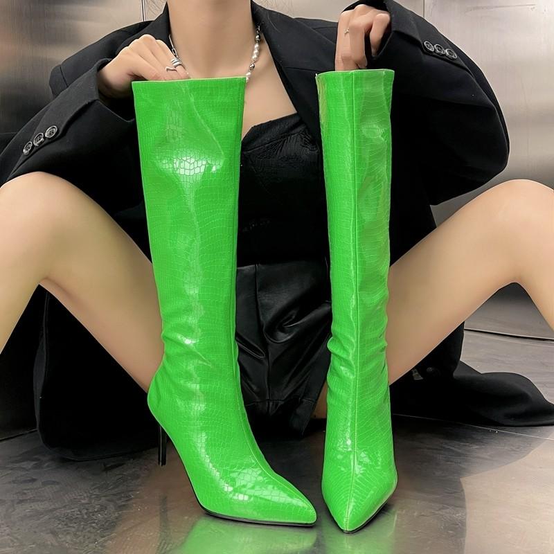 New Fashion Sexy Luxury Crocodile Pattern Knee High Heels Women's Boots Banquet Party Wedding Stiletto Mid Calf Boots Size 47 48