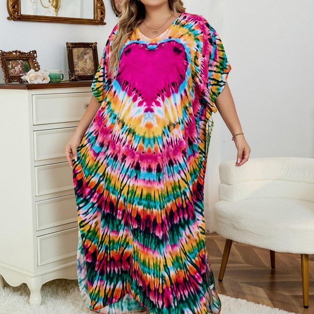 European & American Rose Red Heart Rayon Beach Robe: Loose Vacation Bikini Cover-up