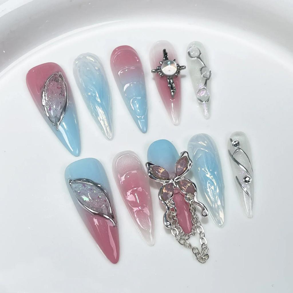 10 Pcs Long Almond Handmade Press On Nails With Heart Decoration Fake Nail Tips Stick On False Nails For Women