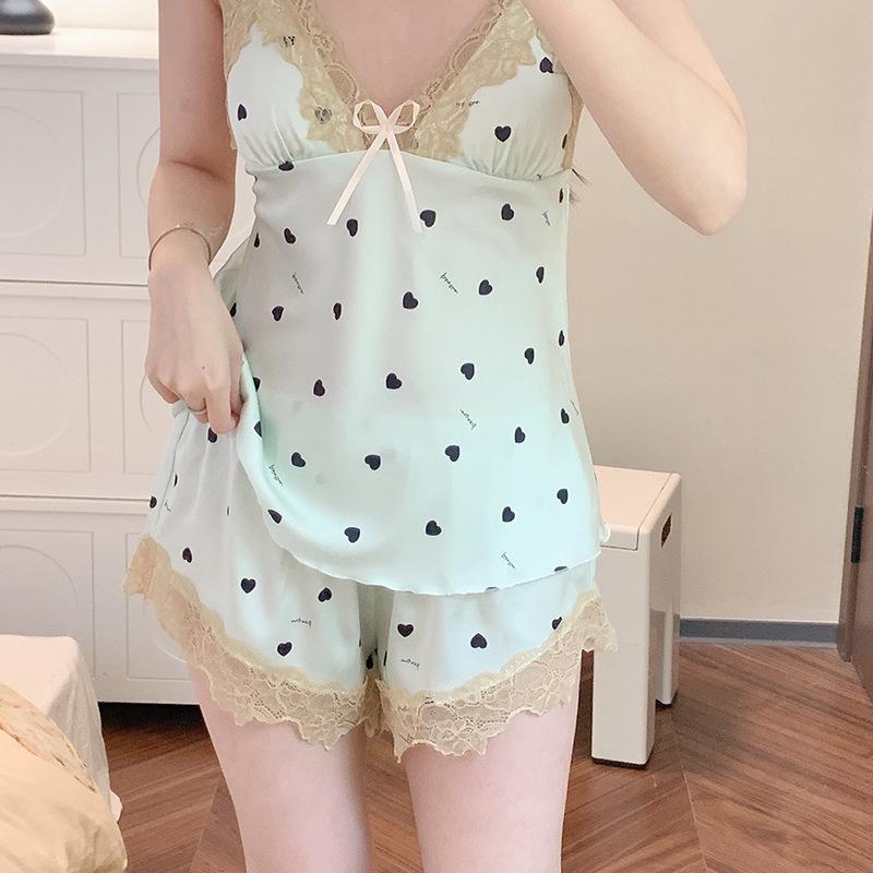New ice silk pajamas set Internet celebrity print lace casual thin summer suspender shorts spring and autumn