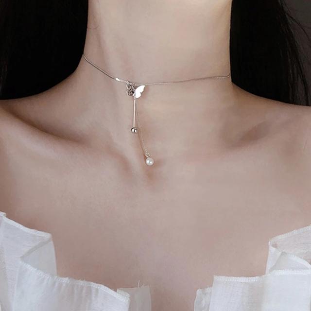 

ANENJERY ожерелье с бабочкой для женщин, жемчужное длинное ожерелье с кисточкой на ключице, вечерние ювелирные изделия, подарки серебряный