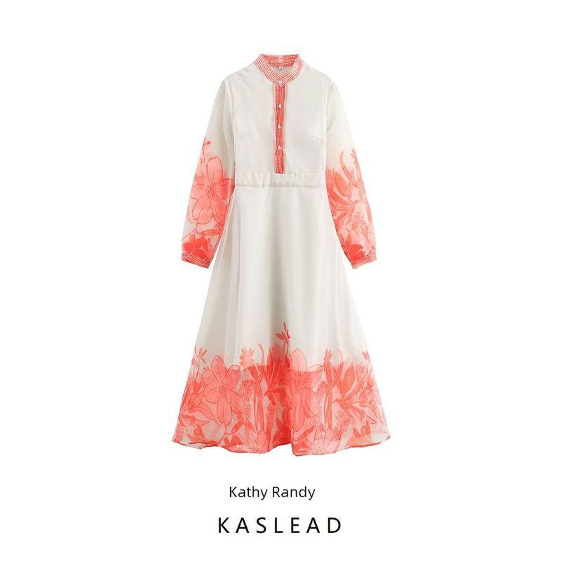 Kaslead New Arrival Women's Clothing Fashion Style Fashion Organza Positioning Print Sheer Long Sleeve Dress