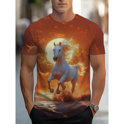 Camiseta Masculina Estampada em 3D com Padrão de Cavalo Branco Camiseta Humorística de Manga Curta Estampada Digitalmente Poliéster Respirável Gola Redonda Casual