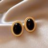Retro Gold Color Metal Line Black Oval Shaped Stud Earrings for Women Advanced Design Elegant Young Girls Party Jewelry