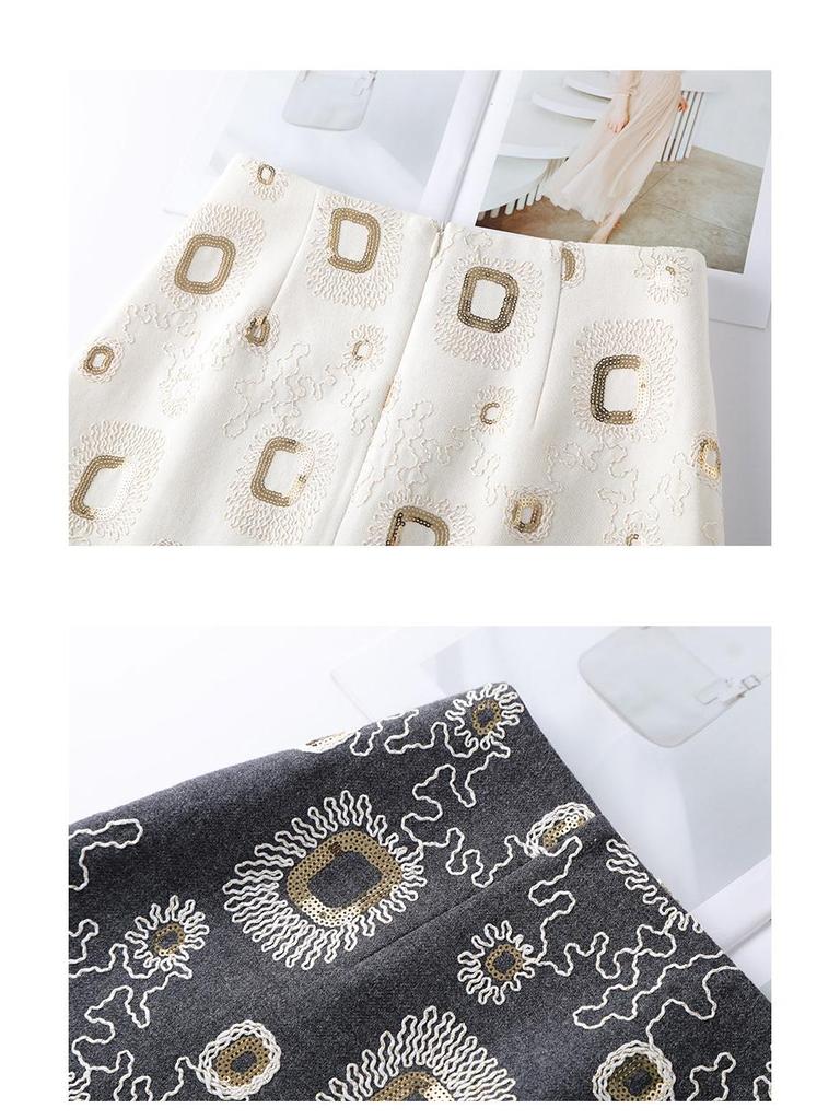 Spring 2026 Women's High-End Khaki Sequin Embroidered A-Line Short Skirt
