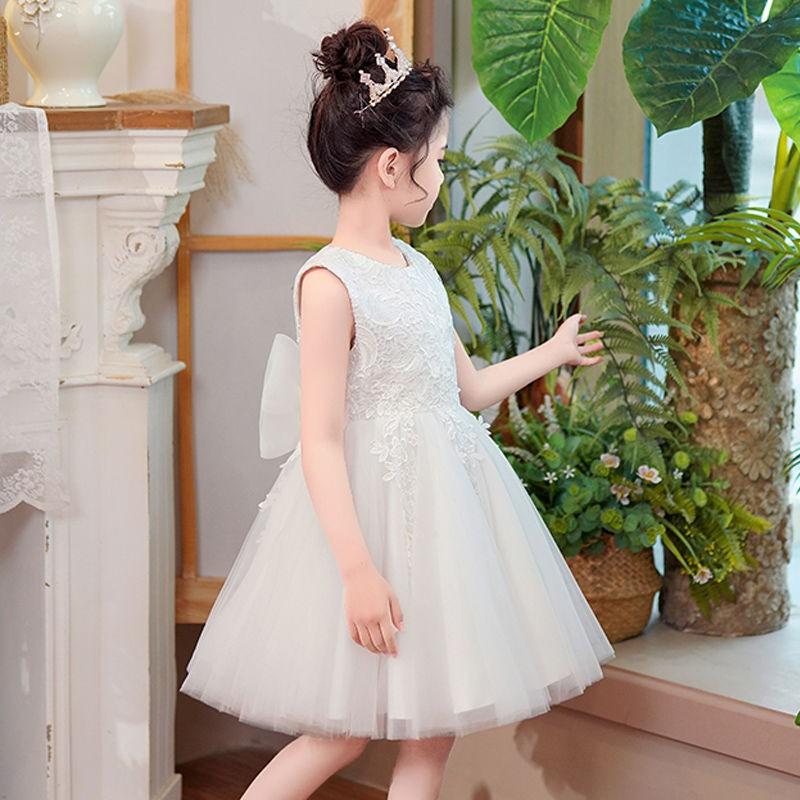 Girls Princess Dress White Tulle Sleeveless Party Kids Cute Sweet A-Line