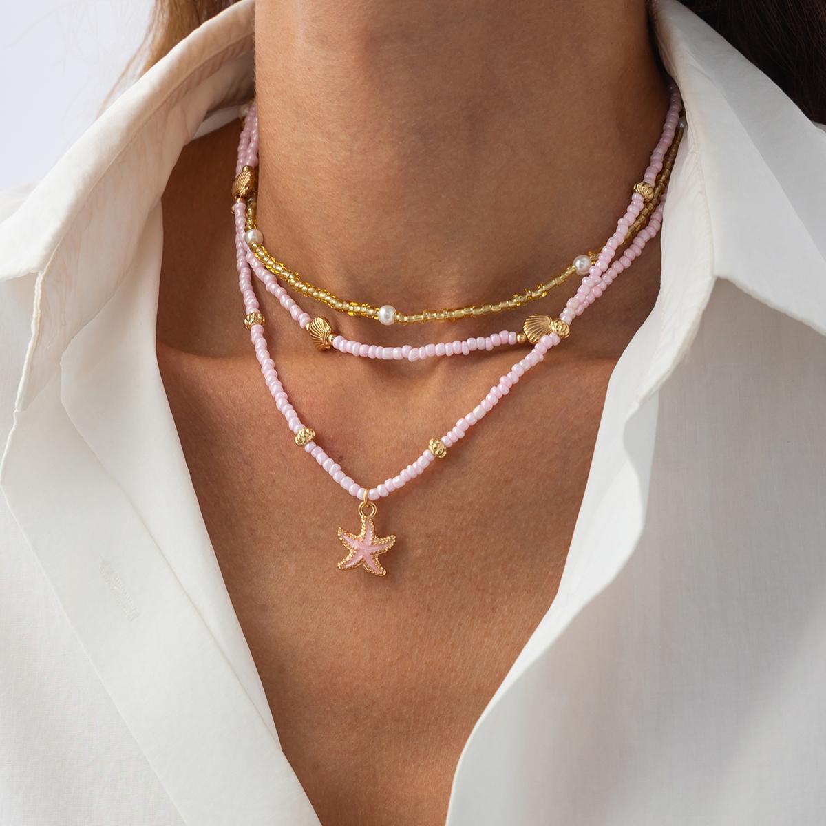 

SHIXIN 3 Pcs/Set Multilayer Stacked Small Seed Beads Chain Choker Necklace for Women Bohemian Starfish Pendant Short Necklace розовый