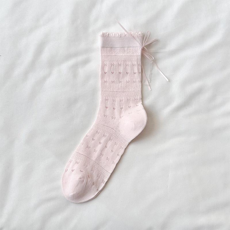 Mesh Breathable Mid-calf Socks - Summer Lightweight Style with Openwork, Lace-up, and Bow Details - Exquisite Mid-calf Women's Socks