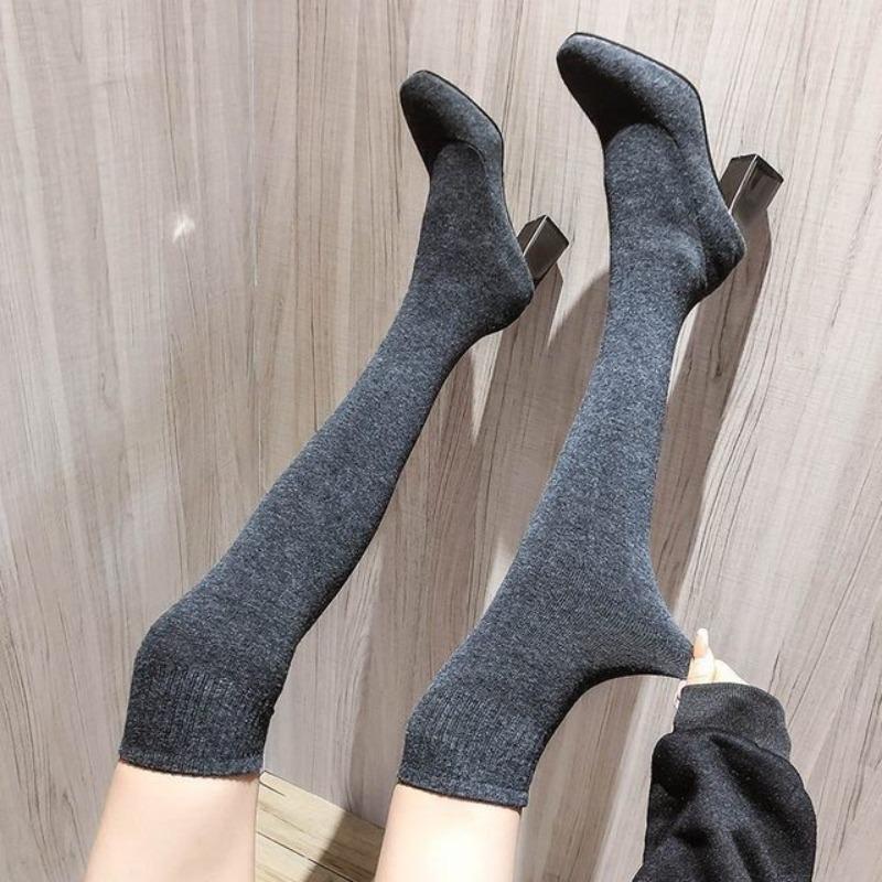 Fashion Autumn Winter Elegant Heeled Knitted Elastic Sock Above Over The Knee Shoes Woman Gothic Square Toe Thigh High Boots for Women