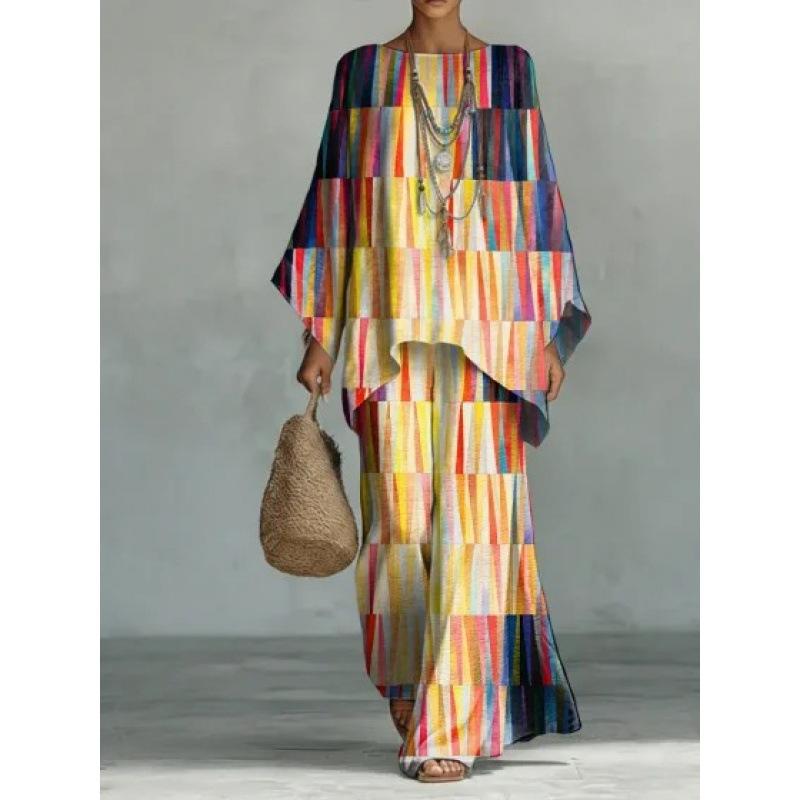 16 European and American artistic sense abstract graffiti set, round neck bat sleeve top + wide-leg pants loose two-piece set