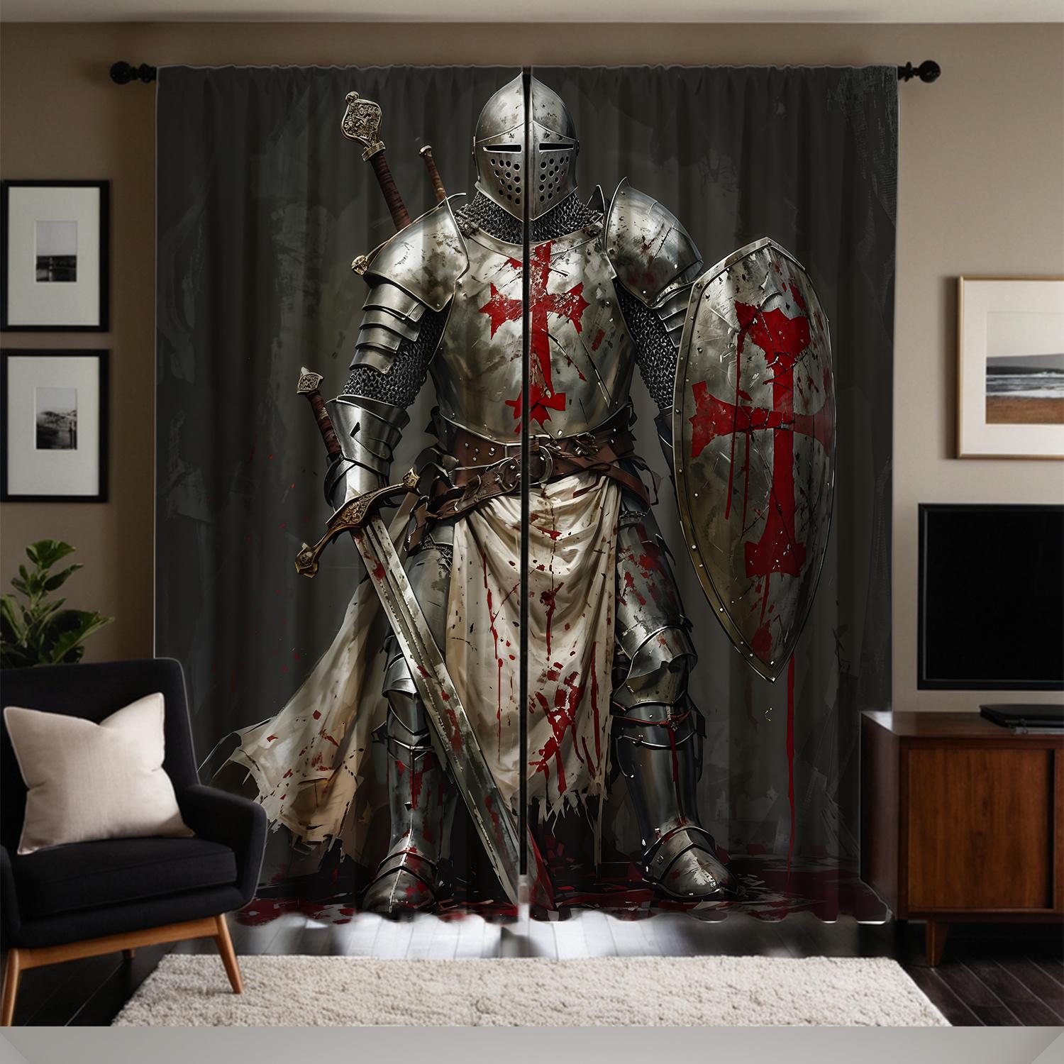 

Set Of 2 Medieval Knight Armor Print Curtains Semi Transparent Polyester Drapes Living Room Bedroom Study Curtain With Rod Pocket Perfect For Great W100*H70(CM)-Grommet top&2PCS