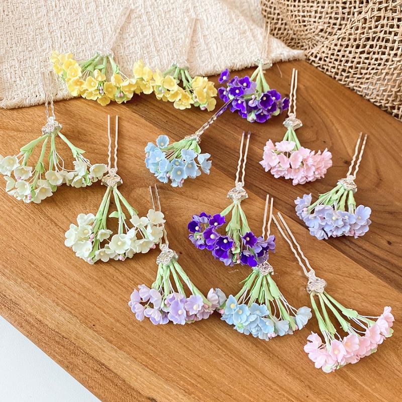 Sweet Pastel Floral Hair Clips Artificial Flower Bouquet U Pins Delicate Hair Accessories For Wedding Party Daily Hair Styling