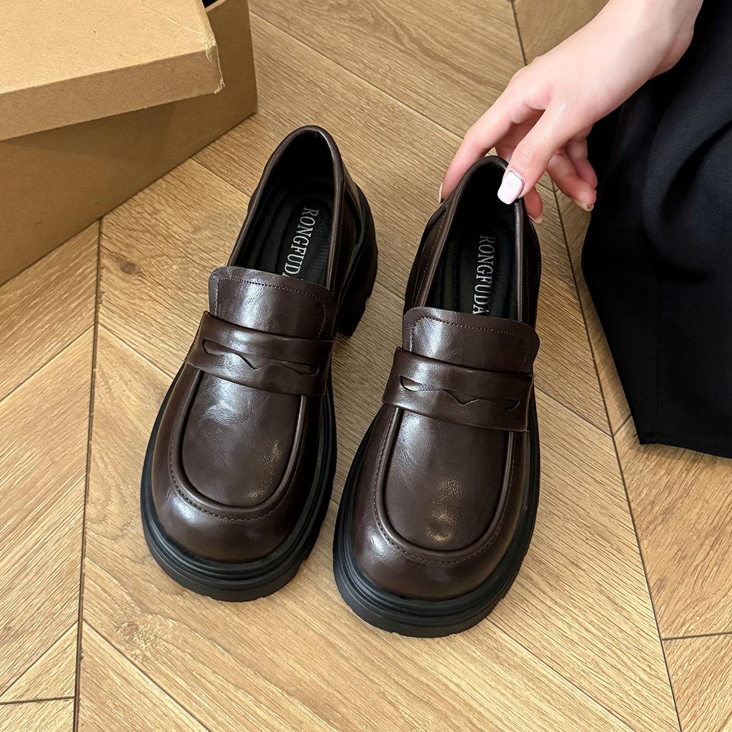Platform loafers women's 2025 spring new versatile college style single shoes JK style black round head thick heel small leather shoes
