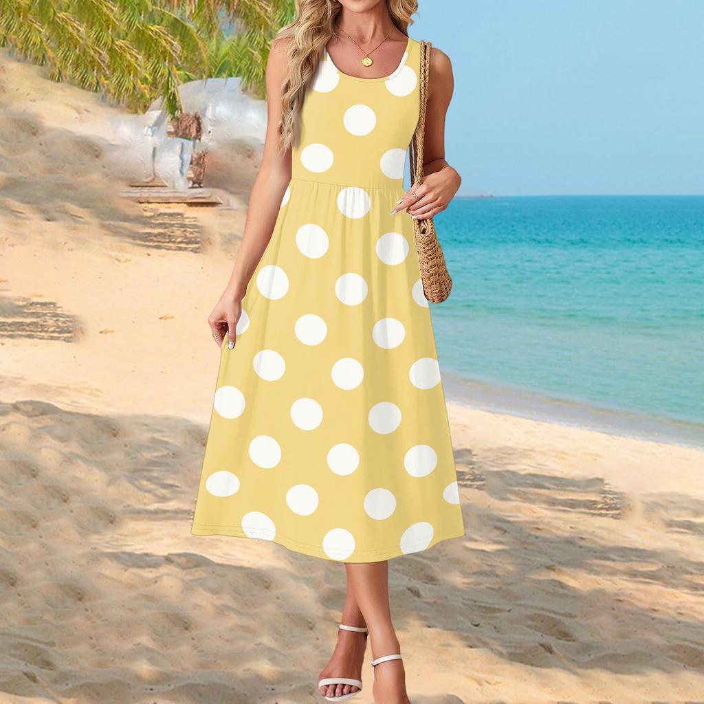 Women's Polka Dot Print Short Sleeve Midi Dress with Pockets for Beach Vacation and Casual Summer Wear