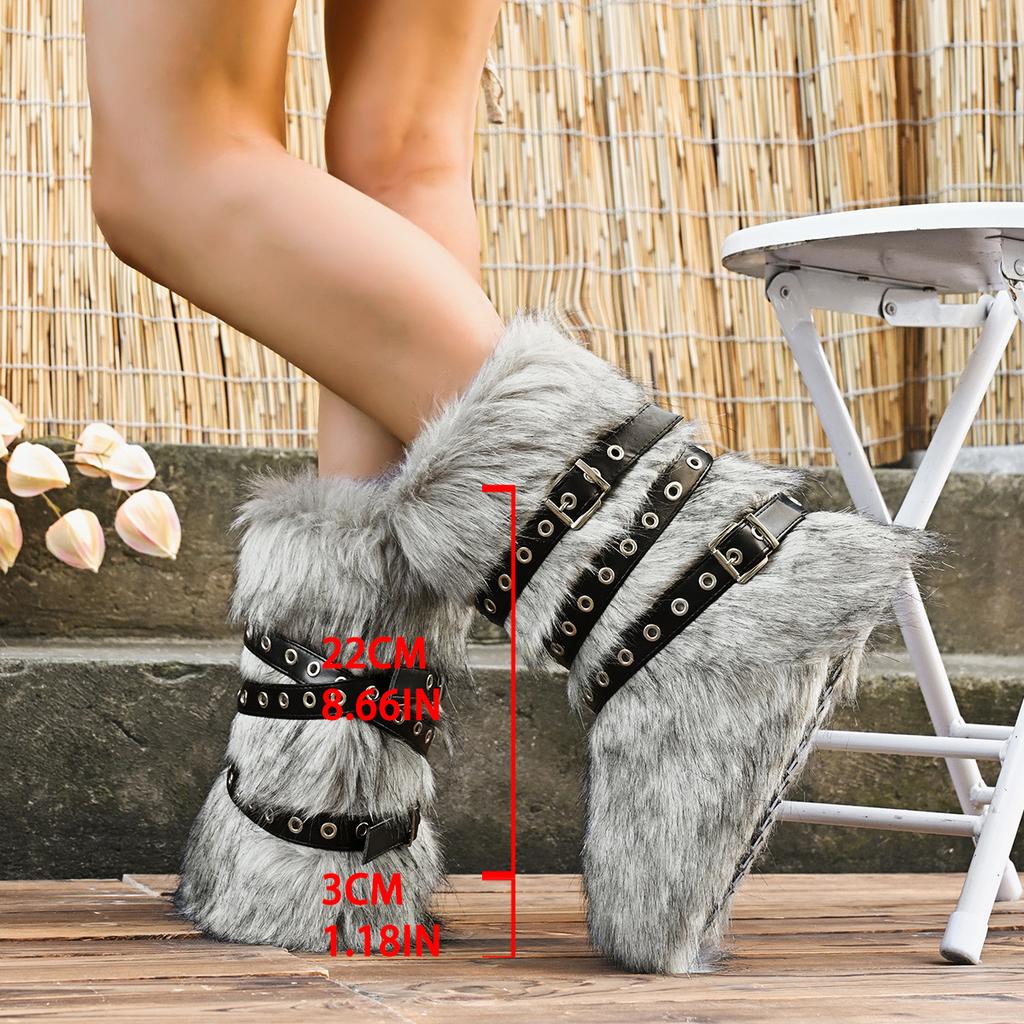 Fashion Faux Fur Boots Women Winter Snow Boots Luxury Fluffy Fuzzy Short Botas Warm Cozy Mid-Calf Botas Mujer Cross Belt Buckle PlusSize