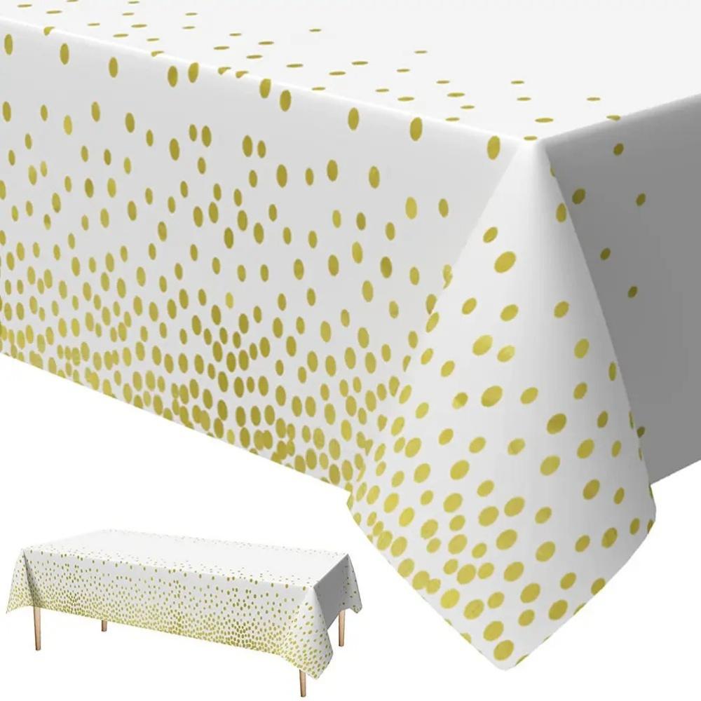 5pcs Gold Dot Printing Disposable Tablecloths, Plastic Tablecloths, White Tablecloths Suitable for Kitchen Table Camping
