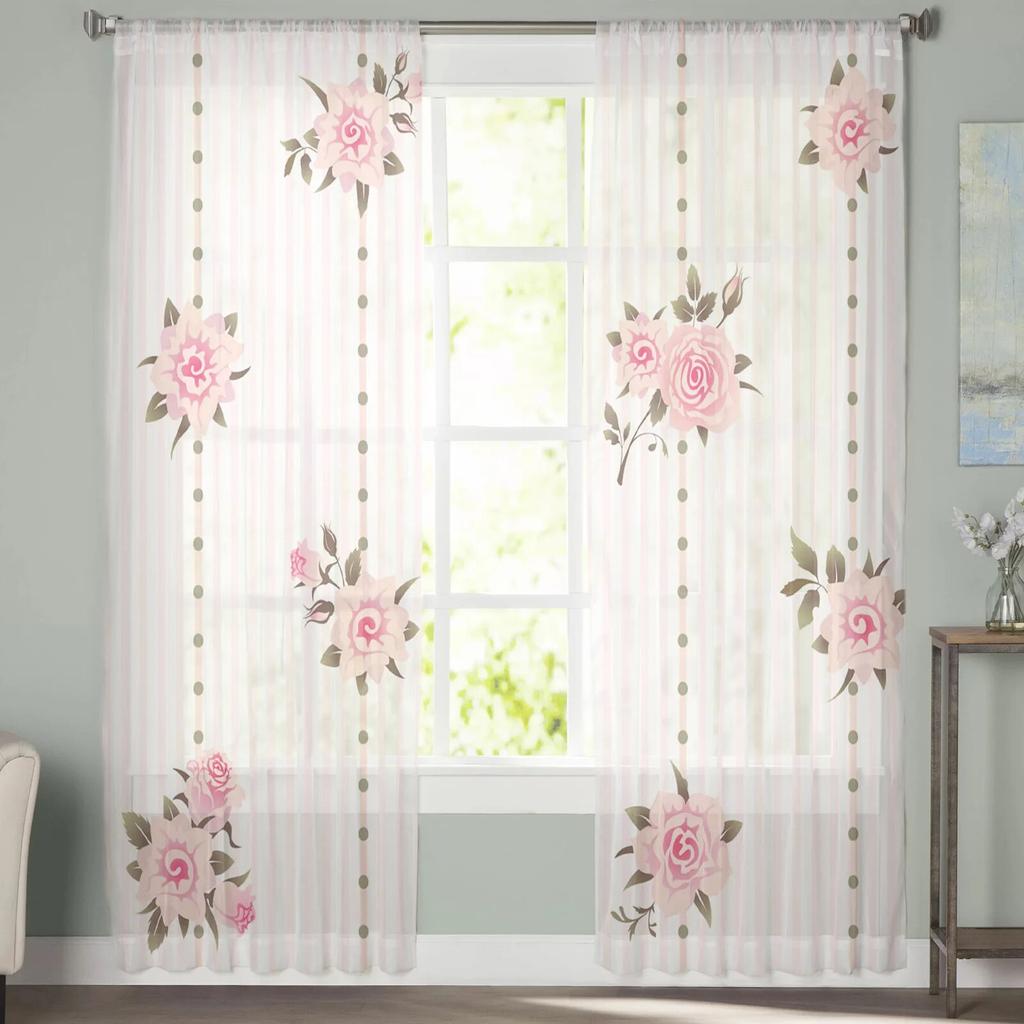 Flower Leaves Red Stripes Plant Round Tulle Curtain for Living Room Kitchen Bedroom Sheer Tulle for Cafe Hotel Modern Home Decor