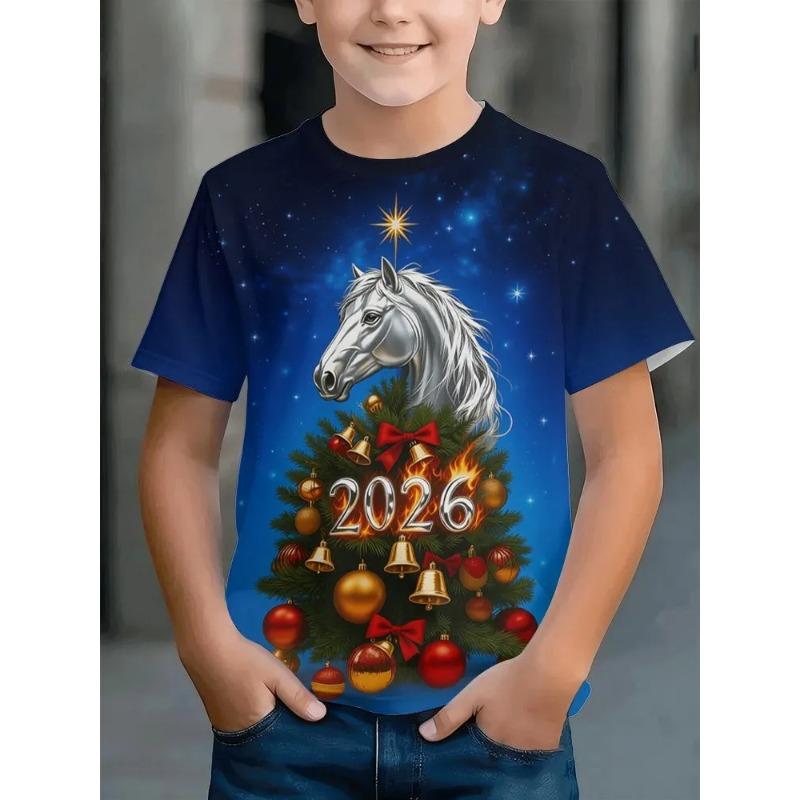 Summer Round Neck Children's Short Sleeved T-shirt Cute Horse Animal Pattern Print Comfortable Fashionable Loose Fitting Girls Boys T-shirt