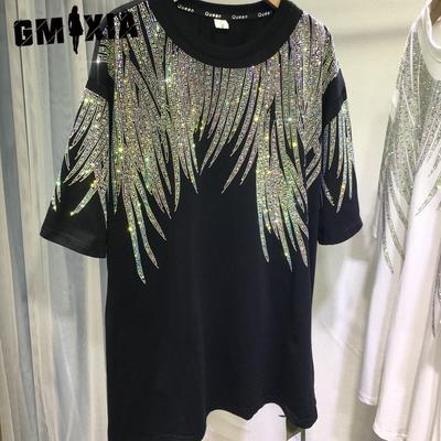 GMXIA Extra-large Size Fat M Spring Collection, Casual and Versatile, Heavy Metal Hot Diamond T, Mid-length for Men and Women, Slimming Short-sleeved