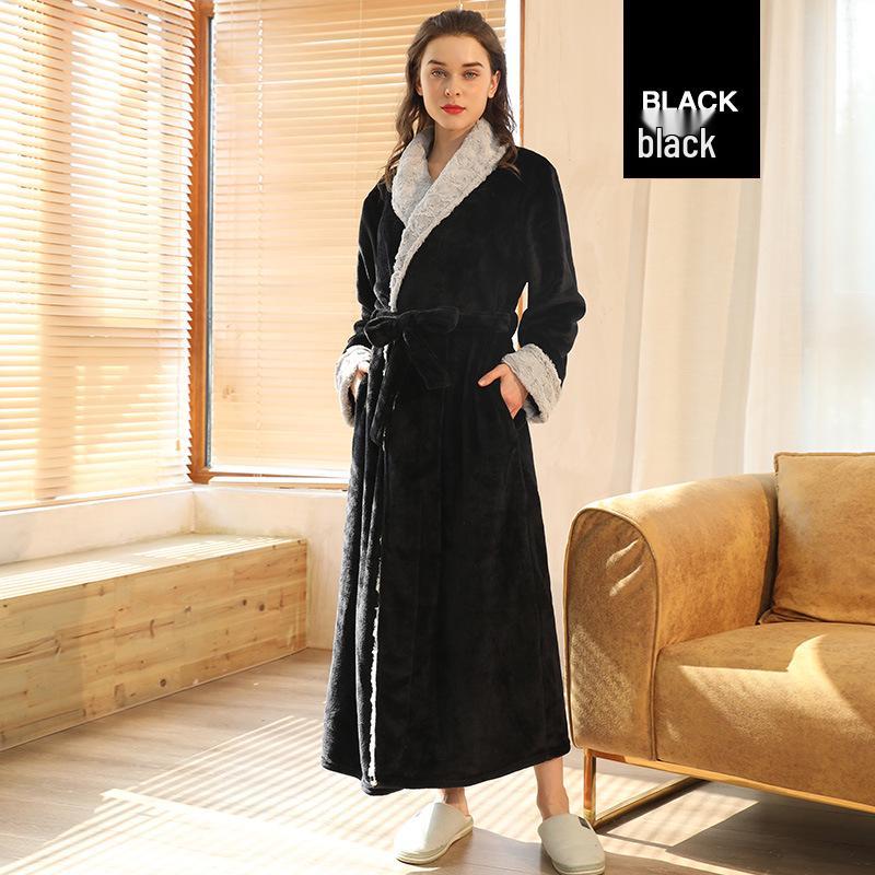 

Жіночий великого розміру чорний матовий довгий фланелевий халат - Зимовий товстий, молодіжний, весняно-осінній модний для пар Medium