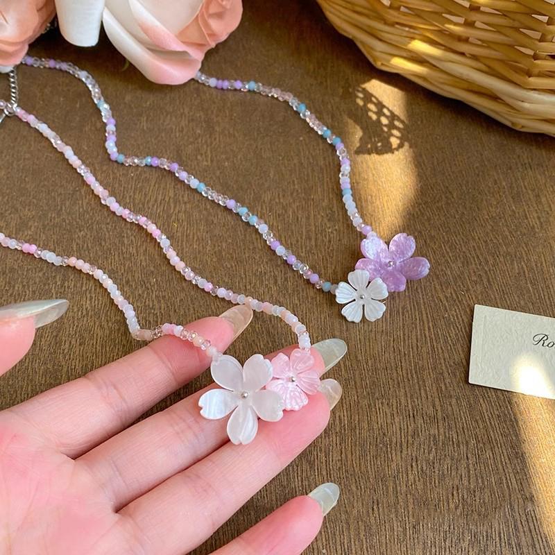 Purple Flower Crystal Bead Necklace Colorful Mixed Glass Beads Gentle Exquisite High-End Sweet Necklace Women's Jewelry Gifts