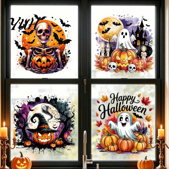 Halloween Window Clings Static Clings, Watercolor Pumpkin Ghost Skull Decals, No Removable Glass Decorations Glue Stickers for Living Room Store Front