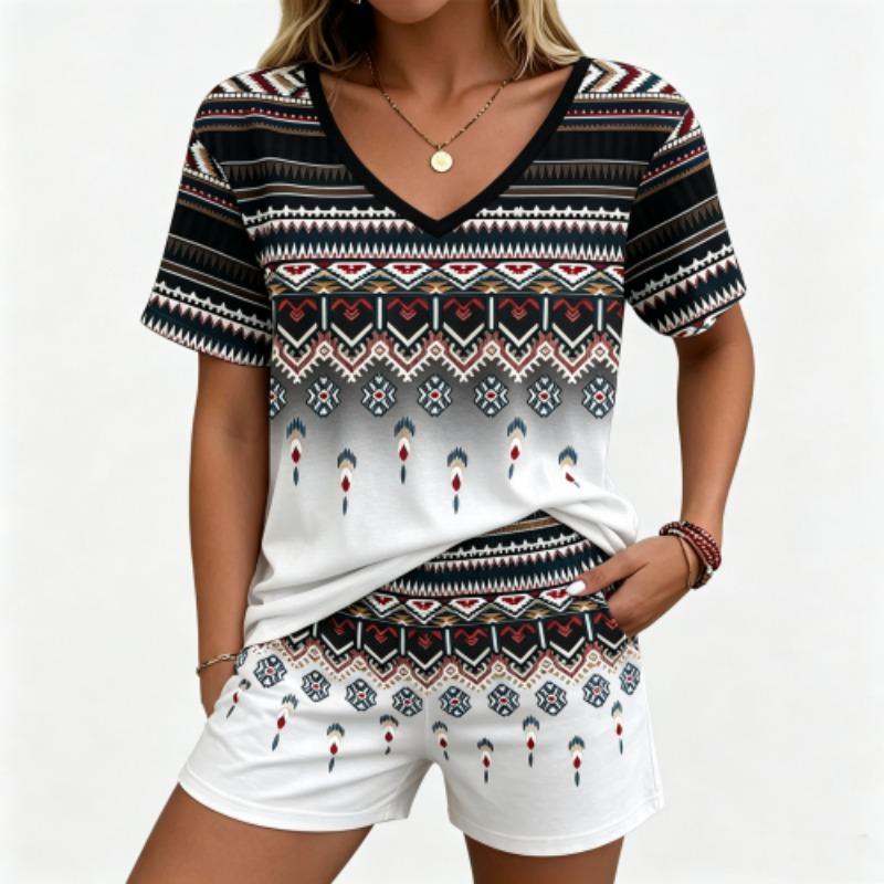 Summer Fashion Ethnic Style Pattern Printed V Neck Short Sleeved T-Shirt And Shorts Set Men's and Women's T-shirt Shorts Set