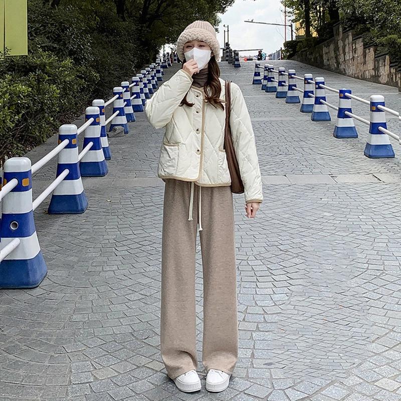 Pink Faux Cashmere Knitted Pants For Women Autumn Winter Thickened High Waist Relaxed Straight Leg Wide Leg Casual Trousers