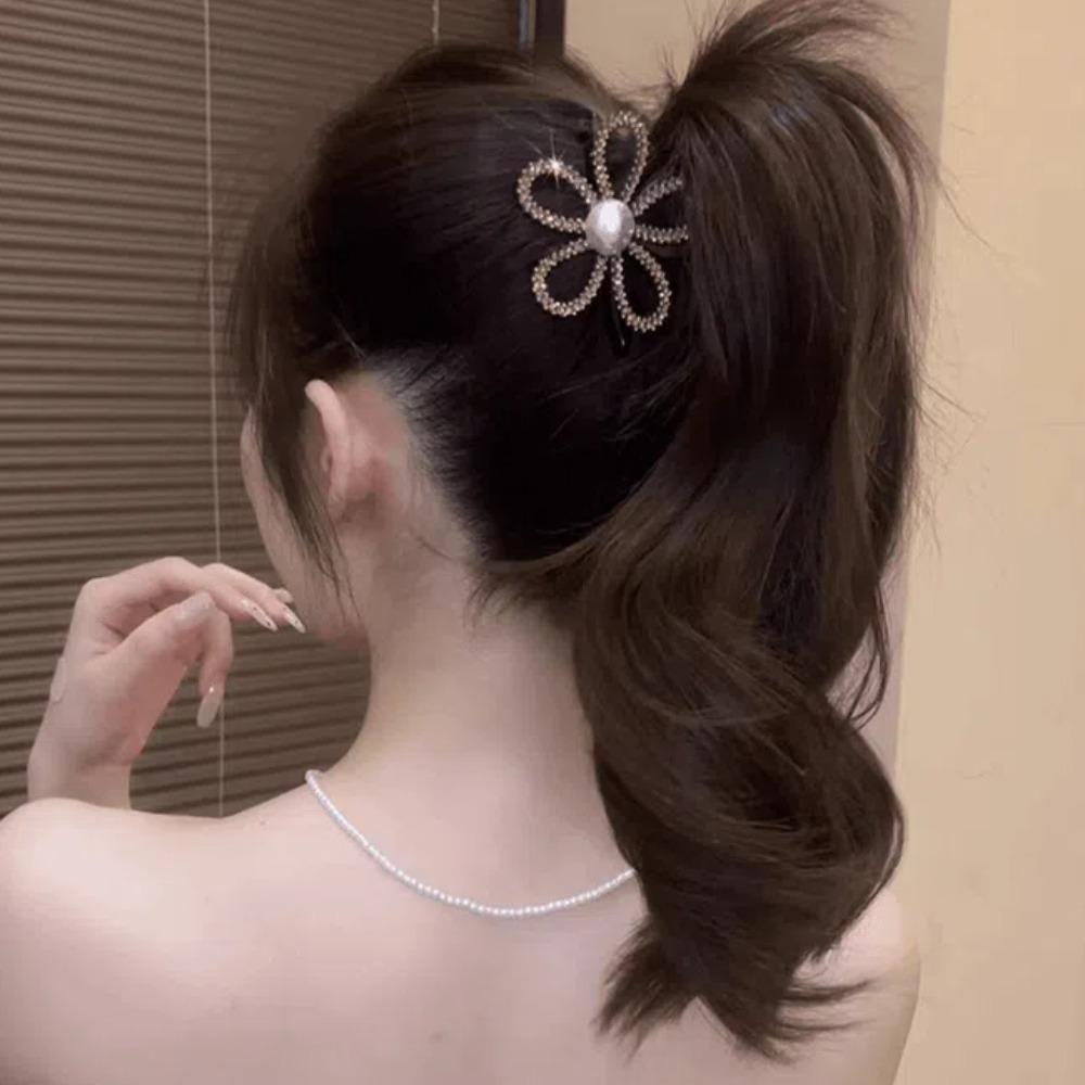 Flower Pearls Shark Clip Zircon Shiny Hair Claw Rhinestone Shark Clip  Party