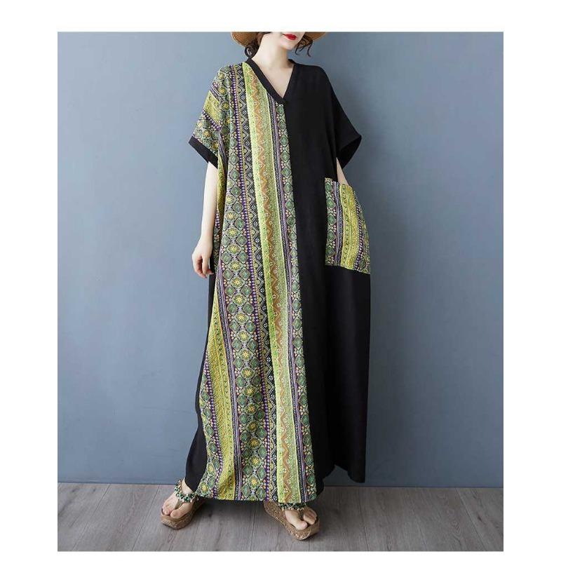 Women's Striped Patchwork Black Long Dress Retro Robe