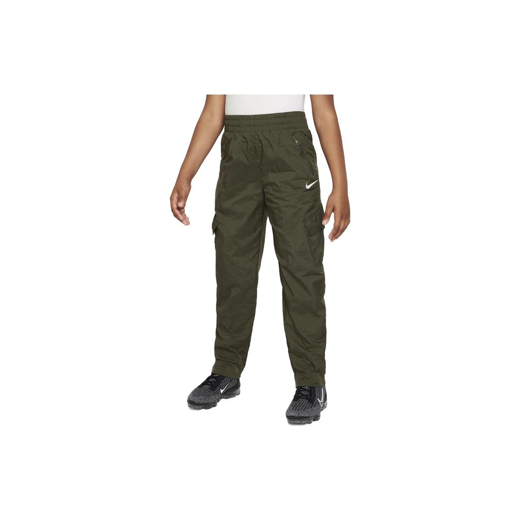 Nike Solid Color Lace-Up Multi-Pocket Design Sports Casual Pants Kids pants Khaki-Green FD2951-325