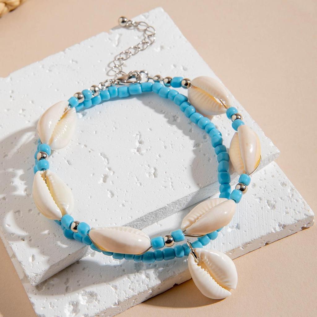 2pcs Fashionable and Simple Bohemian Beach Shell Rice Bead Foot Chain Women's Jewelry Colorful Foot Chain Accessories