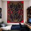 Vertical Tapestry Ornate Gold Red Black Owl with Key Stars and Fleur De Lis Symmetrical Playing Card Art for Adult Living Room Gothic Wall Decor