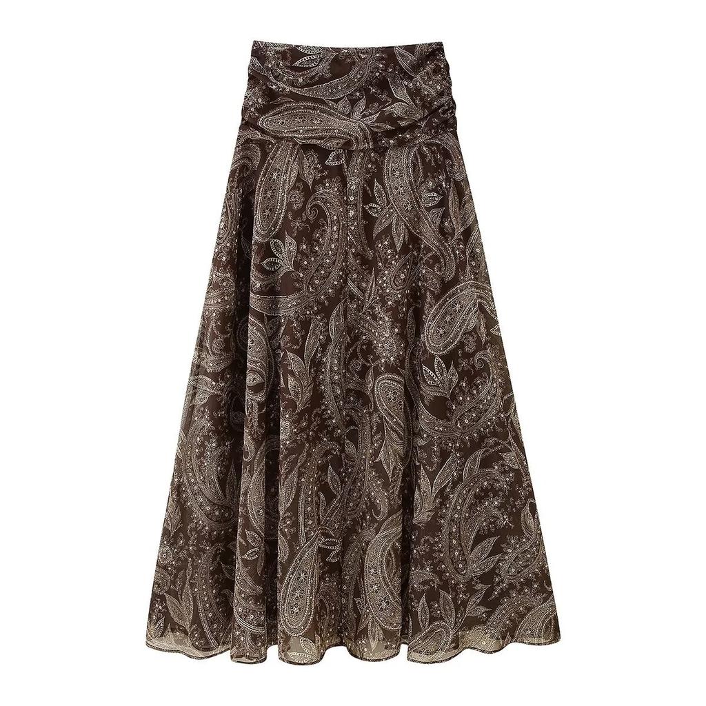 Women's Elastic Waist Paisley Print Chiffon Maxi Skirt Flowy A Line Long Skirt