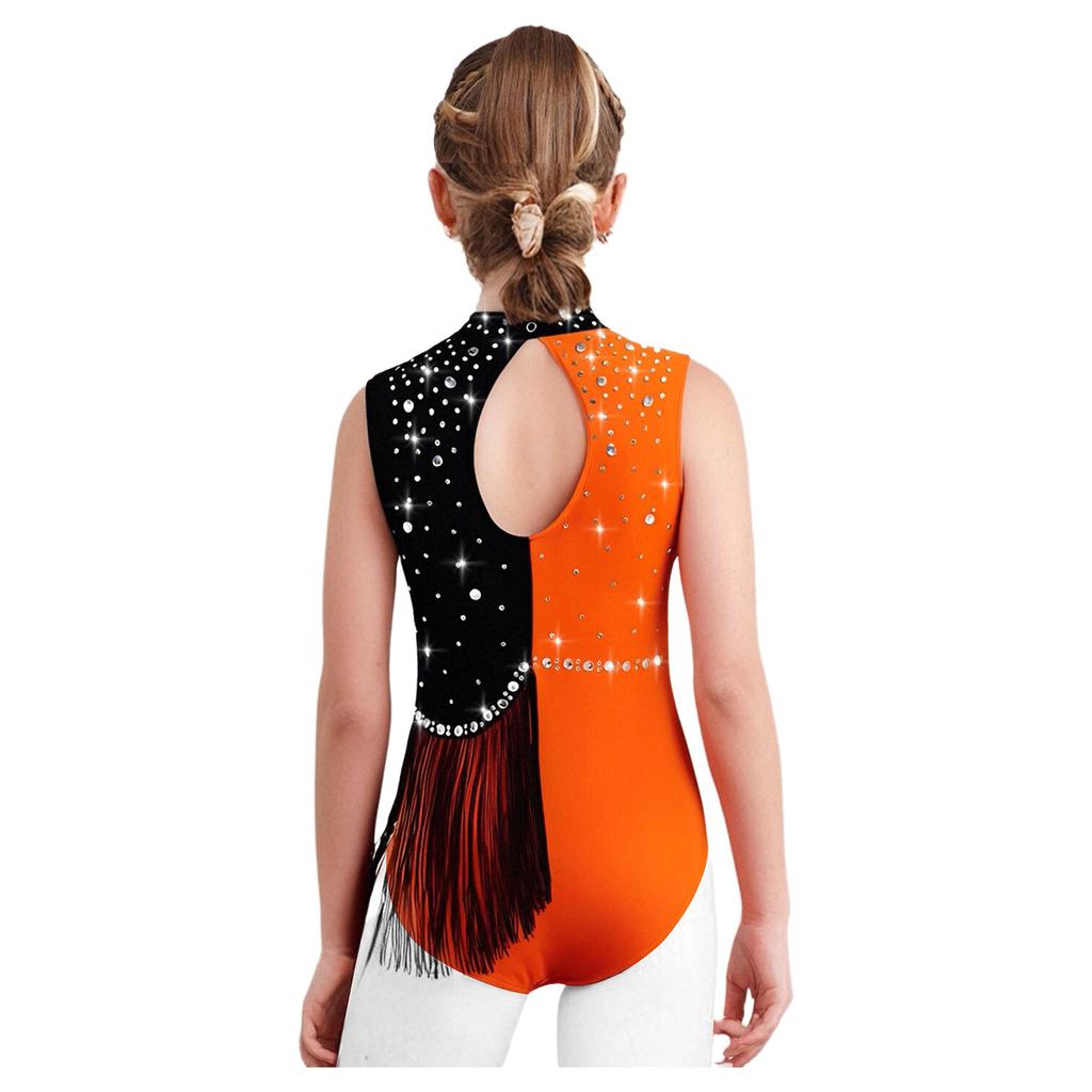 Girls Color Block Gymnastics Leotard with Mock Neck & Keyhole Back, Shiny Rhinestones & Tassels for Dance & Figure Skating
