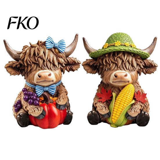 Fine Carving Wood Art 2PCS Highland Cow Ornament, Wooden Rustic Style Figurine, Thanksgiving Home Decoration Theme Art, for Entrance Living Room Decor