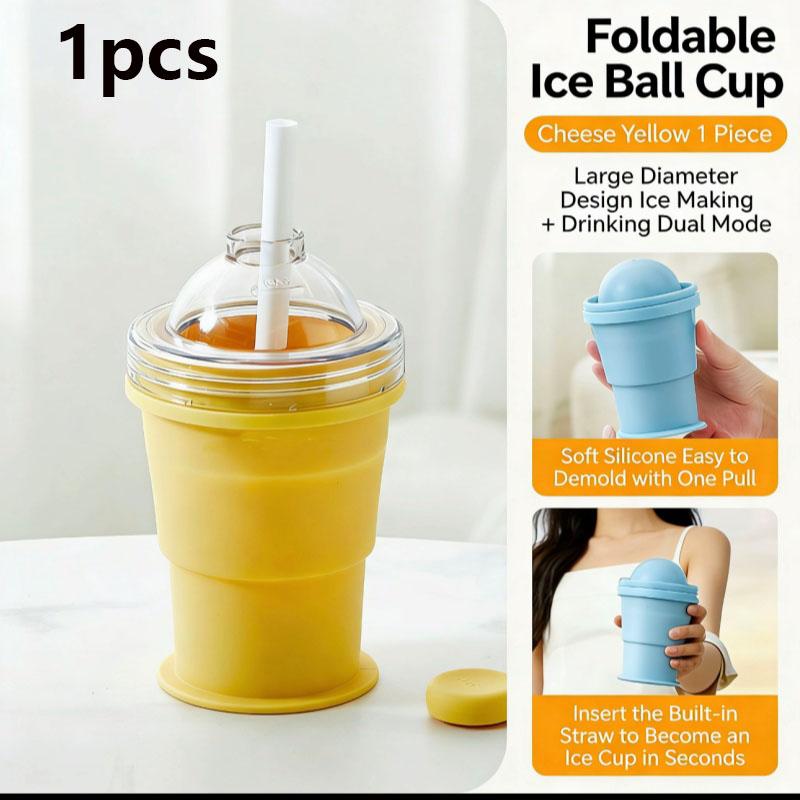 

2-in-1 Foldable Silicone Ice Ball Maker Straw Cup Portable Reusable Ice Mold with Lid Leak-Proof Travel Cup for Camping Summer