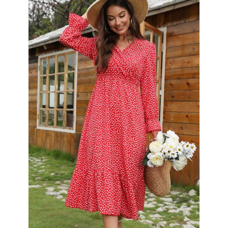 Elegance Graceful and Fashionable Bohemia Style V-neck Floral Elastic and Waisted Ruffles Long Sleeves Dress Long Dress for Women