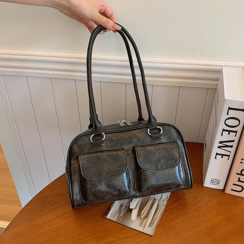 Vintage Shoulder Bag for Women Lightweight PU Handbag Large Capacity Double Zipper Multi-Pocket For Daily Commute