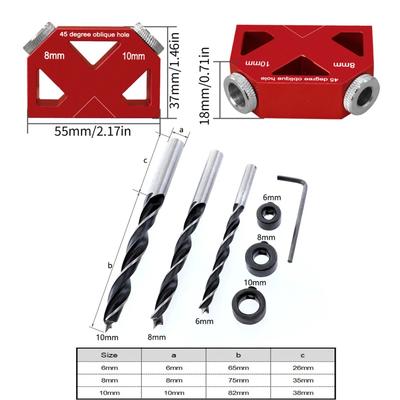 45° Angle Hole Drill Guide or W/ Drill Bit Set, Pocket Hole Jig Woodworking Inclined Hole Fixture Aluminum Positioner Joint Tool