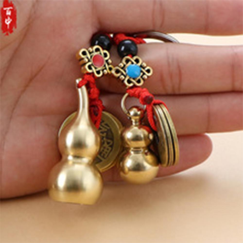 Vintage Lucky Finely Crafted Pure Copper Gourd With Five Emperors CoinsKeychain Charm Feng Shui Keyring Wealth-Attracting Decor
