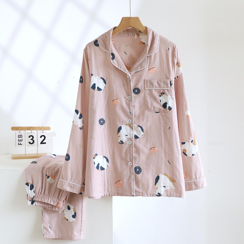 Conjunto de Pijama Nuevo para Pareja Primavera y Otoño 100% Algodón Doble Capa Gasa Manga Larga Pantalones Ropa de Casa para Mujer